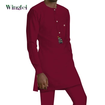Модная Мужская Повседневная рубашка из 2 предметов, Комплект с брюками, Африканская Одежда для Мужчин, Блузка Дашик с Длинным рукавом и Брюки, Однотонный Цвет WYN1784