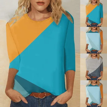 Женская футболка с рукавом три четверти, модные топы с геометрическим цветным блокирующим принтом, корейская версия, универсальные футболки Оверсайз