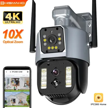 4K 8MP WiFi Камера с тремя объективами и двумя Экранами, Наружный 10-кратный Зум, Защита безопасности, Видеонаблюдение, PTZ, Автоматическое Отслеживание IP-камеры