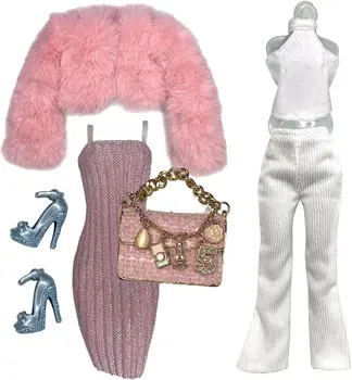 Модная кукольная одежда 1/6, розовая шуба и белый комплект для 12-дюймовой куклы BJD, комплект одежды