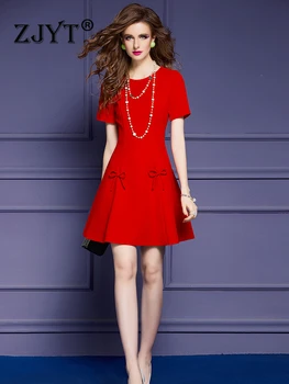 ZJYT Подиумная Мода, Летние красные мини-платья для вечеринок с бантом для женщин 2023, Короткий рукав, Простое Aline Vestido Feista, Элегантное Повседневное