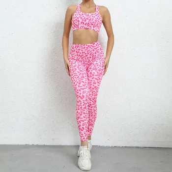 Женский костюм для йоги, обтягивающий спортивный костюм из двух предметов с розовым леопардовым принтом, костюм для фитнеса с высокой талией, топы, брюки