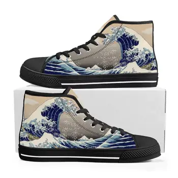 The Great Wave off Kanagawa Printmake Art Высокие Кроссовки Мужские Женские Подростковые парусиновые кроссовки Повседневная обувь для пары Обувь на заказ