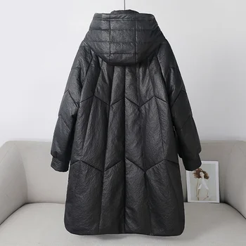 Пуховики средней длины с капюшоном, женская одежда, Зимняя теплая Свободная куртка-пуховик из натуральной кожи, пальто из овчины большого размера