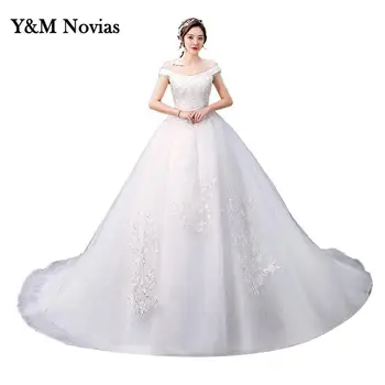 Корейские Простые Сексуальные Свадебные платья с вырезом лодочкой и открытыми плечами, Модные свадебные платья Принцессы С кружевными аппликациями, Vestido De Noiva
