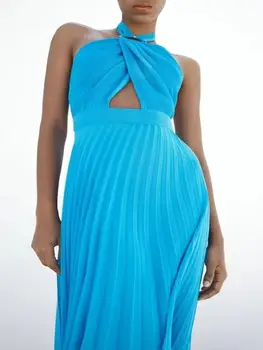 Летнее женское Небесно-голубое Подвесное платье с открытой спиной и бабочкой, Плиссированное Сексуальное платье трапециевидной формы