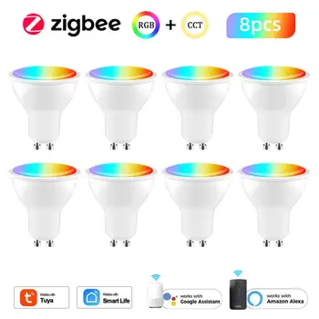 Aubess Tuya Zigbee GU10 Светодиодные лампы 5 Вт RGB CW Smart Spot Lamp Alexa Smart Life App Control Работает с Google Home Alice