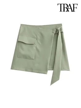 TRAF, женская модная мини-юбка с накладными карманами, Винтажная Мини-юбка с высокой талией и поясом, женские юбки Mujer