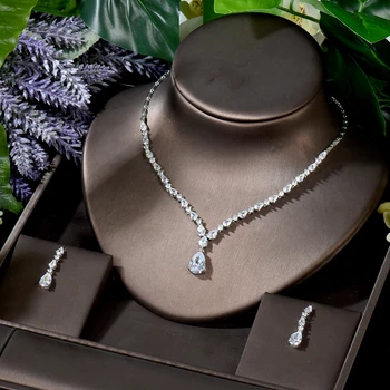 HIBRIDE AAA Циркон, ожерелье в форме капли воды, набор подвесок для женщин, Высококачественные вечерние ювелирные изделия, свадебные аксессуары N-441