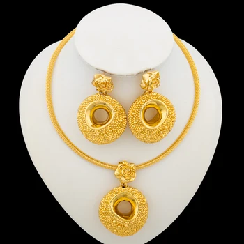 Изысканный комплект ювелирных изделий золотого цвета для африканского Дубая, круглое ожерелье с подвеской и висячие серьги, ювелирные изделия с покрытием из 18 Карат золота, подарки