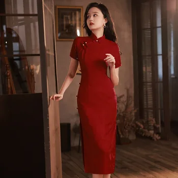 Красный обручальный улучшенный Чонсам, весенний тост для молодой невесты, Свадебная одежда с коротким рукавом, китайское платье Ципао для элегантных женщин