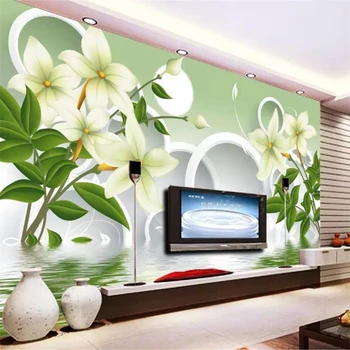 обои beibehang на заказ с фресками, 3d зелено-белый цветок, отражение в Папель де пареде, круг, фоновая стена, обои для гостиной