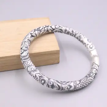 Твердый браслет из чистого серебра 999 пробы, 8 мм, массивная манжета с драконом, регулируемая 2,76 
