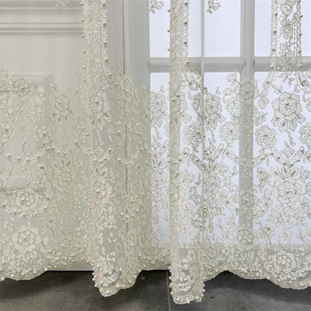 Французский Прозрачный тюль, расшитый белым жемчугом, Роскошные шторы на балкон для спальни, гостиной, Романтические свадебные шторы из вуали