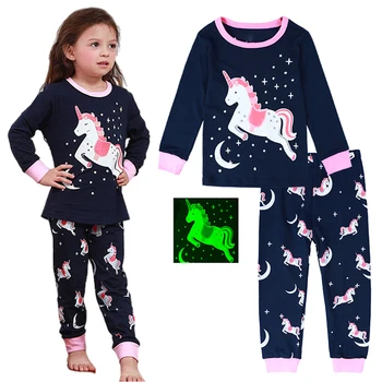Пижамный комплект с Единорогом для девочек, Детская пижама со Скелетом на Хэллоуин, повседневная ночная одежда для малышей, милая Карнавальная одежда для младенцев 2-10 лет