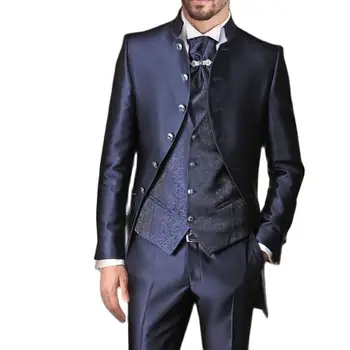 Темно-синие Свадебные костюмы для мужчин с воротником-стойкой, жаккардовый приталенный жилет с цветочным рисунком, 3 предмета, куртка, брюки, мужской модный костюм