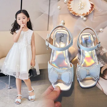 Коллекция 2023 года, Весенне-летние Новые Босоножки для девочек в Корейском стиле, Детские Милые Модельные туфли Принцессы с открытым носком и бантом на низком Каблуке Из Искусственной Кожи
