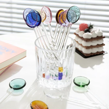 Ложки для смешивания цветного стекла Ложки для смешивания прозрачного стекла для фруктового сока, кофе, напитков со льдом, Ложки для смешивания домашней посуды