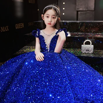 Детское платье для ведущей, юбка принцессы, юбка Pengpeng, юбка для девочек тяжелой промышленности, модный костюм для выступлений на подиуме, костюм с блестками