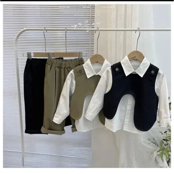 Комплект из 3 предметов, Весенний комплект одежды для мальчиков 2022, Повседневный жилет, топ, Брюки, Корейская дизайнерская одежда для маленьких мальчиков 2-10 лет
