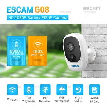 ESCAM G08 1080P HD IP-камера, Наружная камера наблюдения в помещении, PIR-сигнализация, Беспроводная WiFi-камера, камера безопасности с солнечной батареей