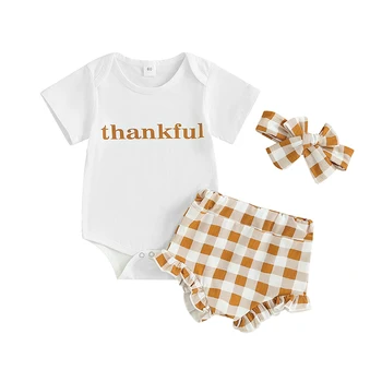 Одежда для новорожденных девочек На день благодарения, Комбинезон с короткими рукавами и надписью, Клетчатые шорты, повязка на голову, комплект одежды из 3 предметов