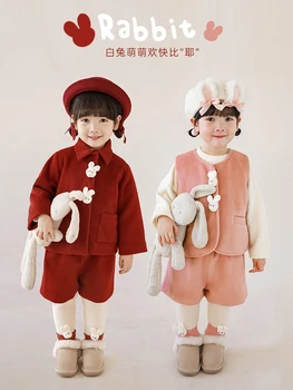 Новинка зимы 2022 года, детское красное новогоднее шерстяное хлопчатобумажное пальто Для маленьких девочек, милая куртка с кроликом, детские брюки