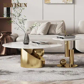 Журнальный столик в скандинавском стиле с дизайнерскими золотыми рамами из нержавеющей стали, рабочий стол из гладкой каменной панели, Круглая мебель для отеля, изготовленная из массива Меса
