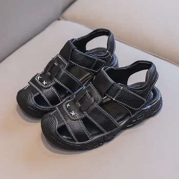 Сандалии для мальчиков, натуральная кожаная обувь, высококачественные детские сандалии из натуральной кожи, Белая, черная противоскользящая обувь для мальчиков, обувь