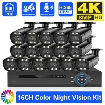 Комплект Системы Безопасности Камеры Видеонаблюдения 4K POE 16CH NVR Комплект Полноцветной IP-камеры Ночного Видения Двухсторонняя Аудиосистема Видеонаблюдения
