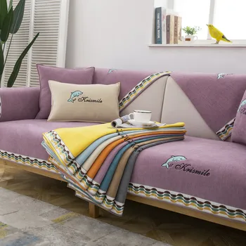 Полотенце для дивана из синели с вышивкой, подушка с мультяшными дельфинами, современный нескользящий секционный чехол для дивана для гостиной, L-образный чехол для дивана