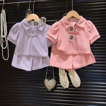 Krean Luxury Girl/ Летний хлопковый комплект женской спортивной рубашки из двух предметов с коротким рукавом для девочек, Детская Верхняя одежда от 3 до 8 лет