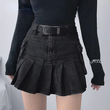 Джинсовые юбки Mall Goth Y2K с высокой талией E-girl Aesthetics, Черные Джинсовые Плиссированные Юбки с Большими карманами, Наряды в стиле гранж-панк