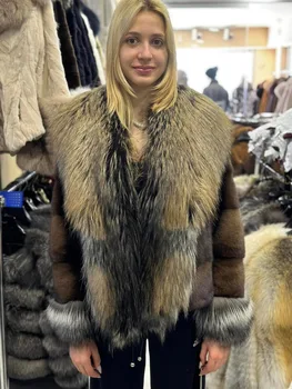 Новая куртка из натурального меха норки, куртка из лисьего меха с большим отворотом, зимняя теплая модная Повседневная женская