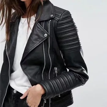 2023 Мотоциклетная кожаная куртка с большим отворотом для женщин, приталенная стеганая кожаная куртка