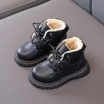 Детские кожаные ботинки в стиле ретро 2023, Модные детские зимние ботинки для девочек, однотонные студенческие теплые зимние хлопковые ботинки Mart для мальчиков
