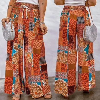 Женская уличная одежда в богемном стиле с ретро-принтом, Широкие брюки, Свободные Брюки с завязками, Прямые брюки с принтом