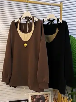 Женская новая футболка большого размера, поддельная футболка из двух предметов с длинными рукавами, Женский модный пуловер с открытыми плечами, футболки, топы, весна-осень