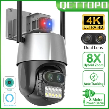 Qettopo 4K 8MP Двухобъективная Уличная Wifi Камера с 8-кратным Зумом PTZ AI Автоматическое Отслеживание Противоугонная Сирена Сигнализация Камера Безопасности iCSee