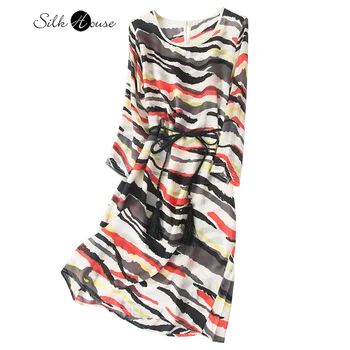 Женское летнее платье средней длины с поясом и шелковистым атласом в полоску нового цвета 2022, 100% Натуральный шелк тутового цвета