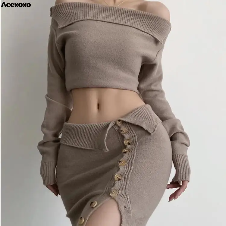 Осенний новый женский модный повседневный сексуальный свитер с отворотом в одну линию, свитер, юбка с высокой талией, костюм 0