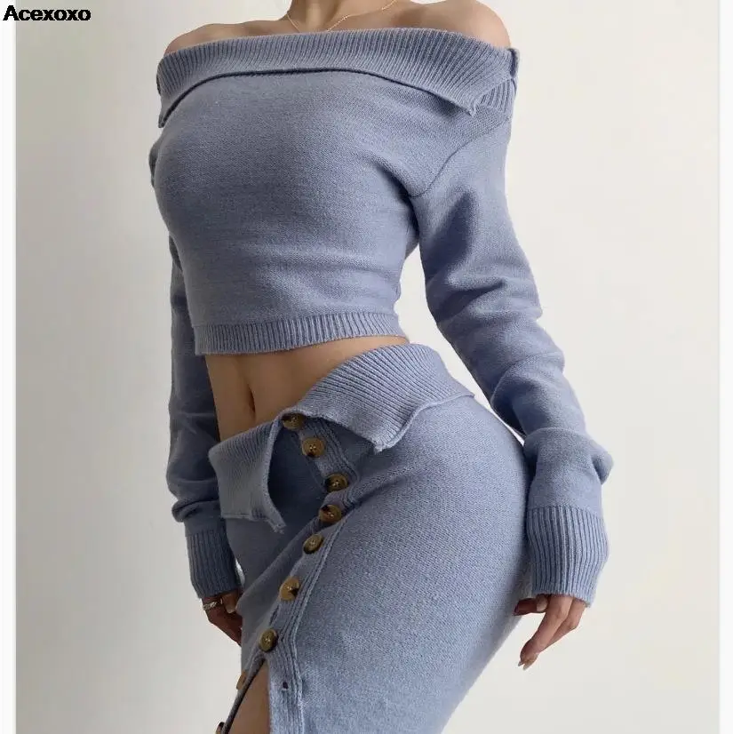 Осенний новый женский модный повседневный сексуальный свитер с отворотом в одну линию, свитер, юбка с высокой талией, костюм 3