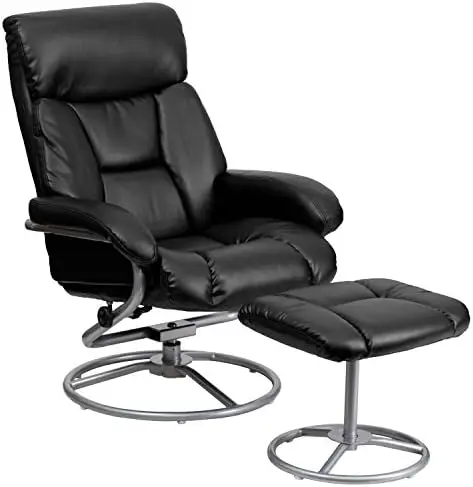 Современное многопозиционное кресло и пуфик с металлическим основанием из черного кожзаменителя 0