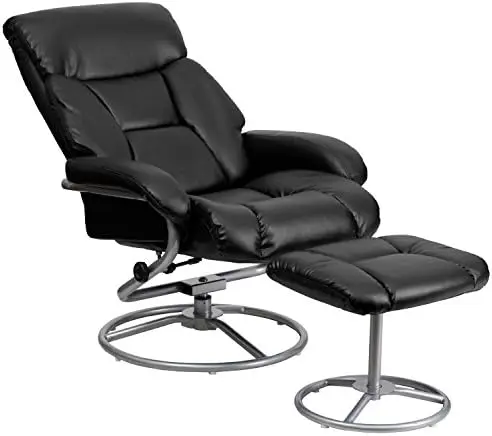 Современное многопозиционное кресло и пуфик с металлическим основанием из черного кожзаменителя 2