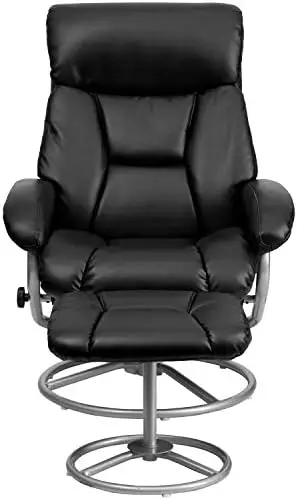 Современное многопозиционное кресло и пуфик с металлическим основанием из черного кожзаменителя 4