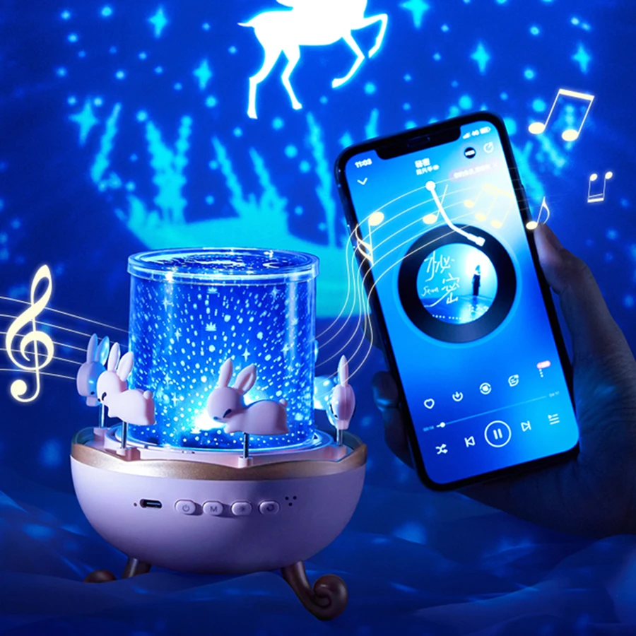 Перезаряжаемый Bluetooth динамик, звездный проектор, Вращающийся ночник с кроликом, Полная звездная лампа, подарок для детей, подружки 2