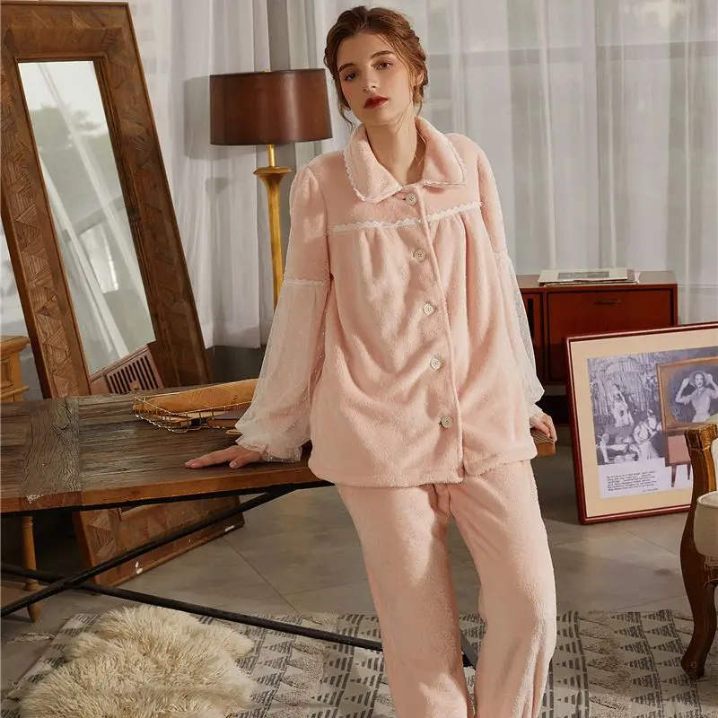 Фланелевая бархатная пижама Женская зимняя женская домашняя одежда из кораллового флиса, розовая романтическая пижама, комплект для леди 0
