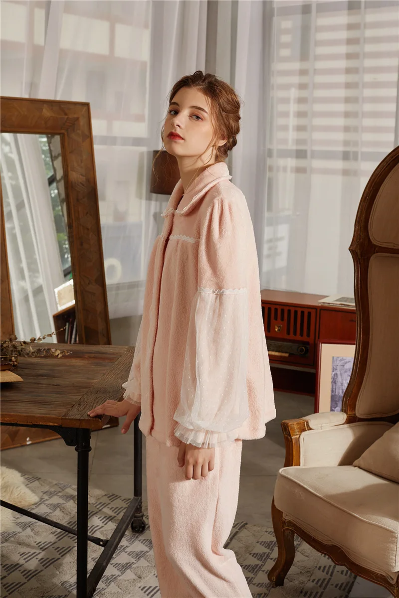 Фланелевая бархатная пижама Женская зимняя женская домашняя одежда из кораллового флиса, розовая романтическая пижама, комплект для леди 1