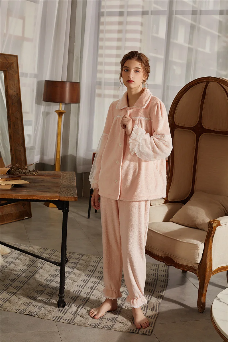 Фланелевая бархатная пижама Женская зимняя женская домашняя одежда из кораллового флиса, розовая романтическая пижама, комплект для леди 3