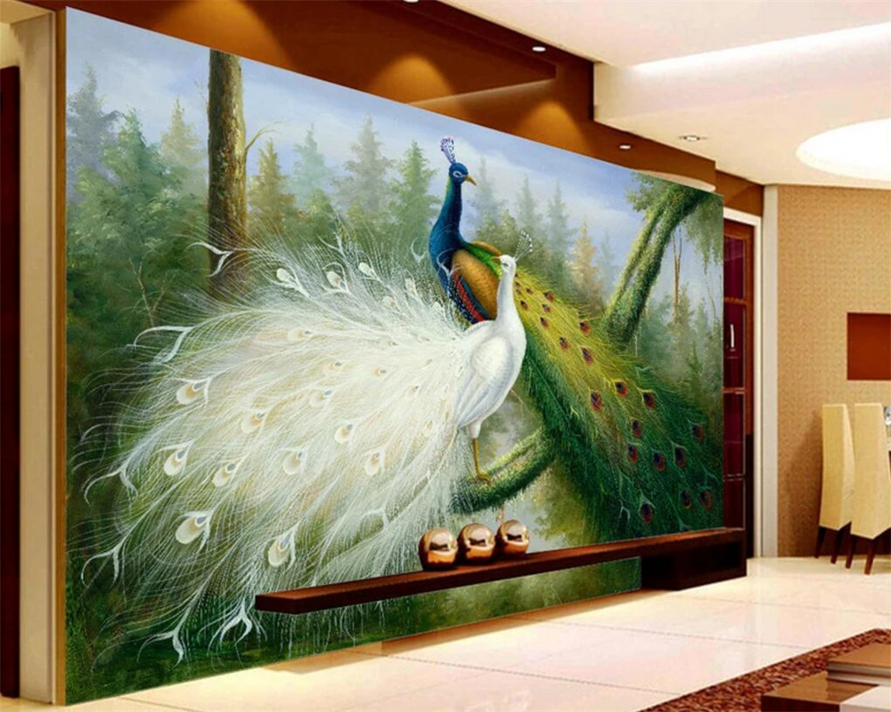 Beibehang Пользовательские фрески гостиная,современный лесной павлин картина маслом фотографии настенная роспись дерево обои papel de parede para quarto 0